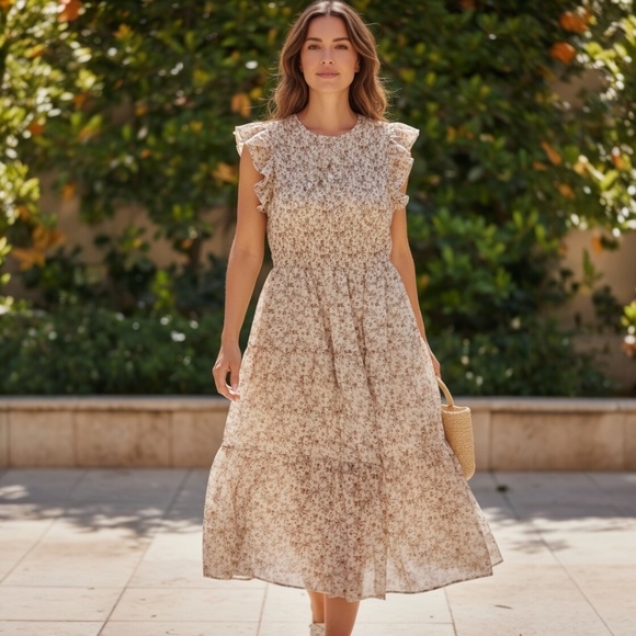 S.DEER Dresses & Skirts - S.DEER French Floral Long Dress  Women’s Small Smocked Ruffle Sleeve Boho NWT